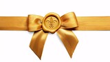Elegant gold ribbon bow with embossed fleur de lis wax seal on white background