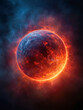 © Daria - Glowing fiery planet with hot molten surface surrounded by bright flaming atmosphere against dark cosmic background in outer space scene