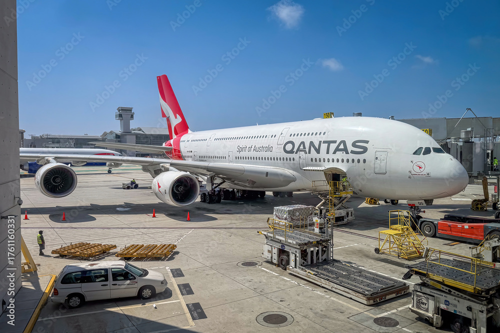 Los Angeles, California, USA - April 19, 2024: Qantas Airbus A380 being ...