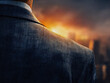 © Daria - Rear view of a man in a textured suit jacket looking towards a vibrant sunset over a blurred city skyline with warm, dramatic lighting effects