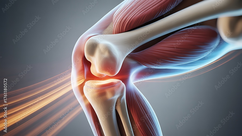 Anatomical illustration of the human knee joint showing bones, muscles ...