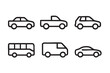 © David - Black outline icons of six different vehicle types including sedan, pickup truck, suv, bus, van, and sports car displayed in two rows.