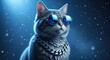 © ImagineAiStudio - Cool grey cat wearing sunglasses and a silver chain. A funny portrait of a stylish and confident pet.