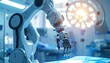© photostockatinat - A futuristic robotic arm poised in an operating room setting, medical innovation, and surgery