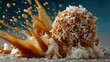 © Khorshada - Delicious coconut crusted dessert drizzled with caramel sauce in a dramatic splash