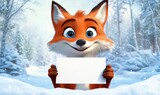 Cartoon fox presenting a blank white sign, smiling. Winter forest background with falling snow. Ready for custom message