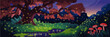 © Ross - Magical Enchanted Forest at Night with Glowing Fireflies, Large Tree, Vibrant Mushrooms, and Serene Pond - Fantasy Landscape Illustration