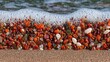 © Dw - Smooth colorful pebbles on sandy beach with foamy ocean wave.