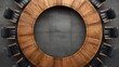 © Johannes - overhead view of a round wooden conference table surrounded by black leather chairs showcasing a scene of business meeting or negotiation symbolizing collaboration and corporate environment