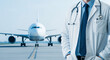 © Anuyj - A doctor in a white coat standing near an airplane on a runway, holding a stethoscope