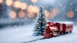 © Johannes - red toy train and christmas tree in snow on blurred lights background concept for christmas new year winter holidays banner with copy space christmas festive composition