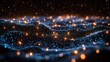 © indi - Abstract wavy pattern of light blue and orange glowing particles on a dark background