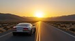 © Saim - Silver luxury sports car driving away on straight desert highway during golden sunset.