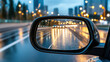 © siraphol - Rainy cityscape reflected in car mirror, creating dreamy bokeh effect with lights
