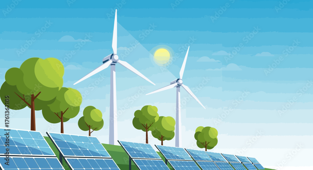 Renewable energy sources, including solar panels and wind turbines ...