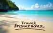 © li - Travel insurance and cover of accidental risk concept. Handwriting drawing on sand. Scenic view on beautiful summer tropical beach of harbor. High quality