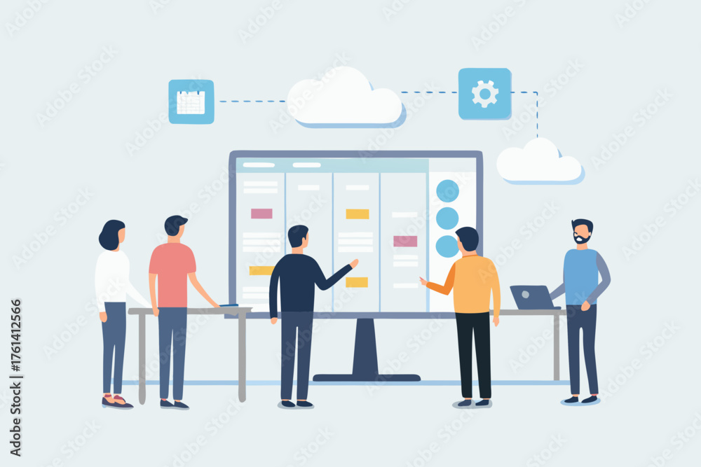 Diverse team collaborating on a digital project management board with ...