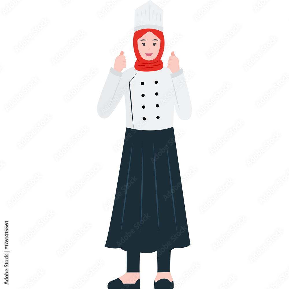 Muslim Chef Woman in White Uniform and Red Hijab Gives Thumbs Up and ...