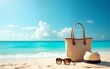 © zhao - Sun vacation beach winter travel holiday background- Beach bag, fashion hat and sunglasses for Caribbean relaxation. . Copy space on blue ocean. Fashion stylish luxury accessories. High quality