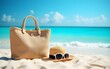 © zhao - Sun vacation beach winter travel holiday background- Beach bag, fashion hat and sunglasses for Caribbean relaxation. . Copy space on blue ocean. Fashion stylish luxury accessories. High quality