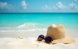 © zhao - Sun vacation beach winter travel holiday background- Beach bag, fashion hat and sunglasses for Caribbean relaxation. . Copy space on blue ocean. Fashion stylish luxury accessories. High quality