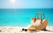 © zhao - Sun vacation beach winter travel holiday background- Beach bag, fashion hat and sunglasses for Caribbean relaxation. . Copy space on blue ocean. Fashion stylish luxury accessories. High quality