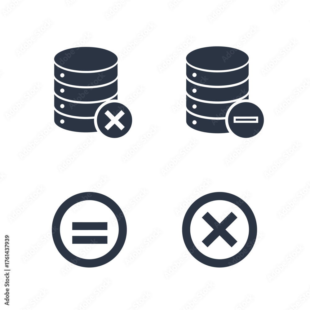 Essential digital icons depicting database delete and remove operations ...