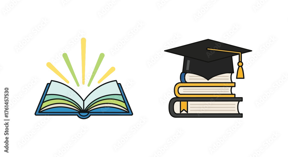 Graduation cap and open book representing knowledge and academic ...