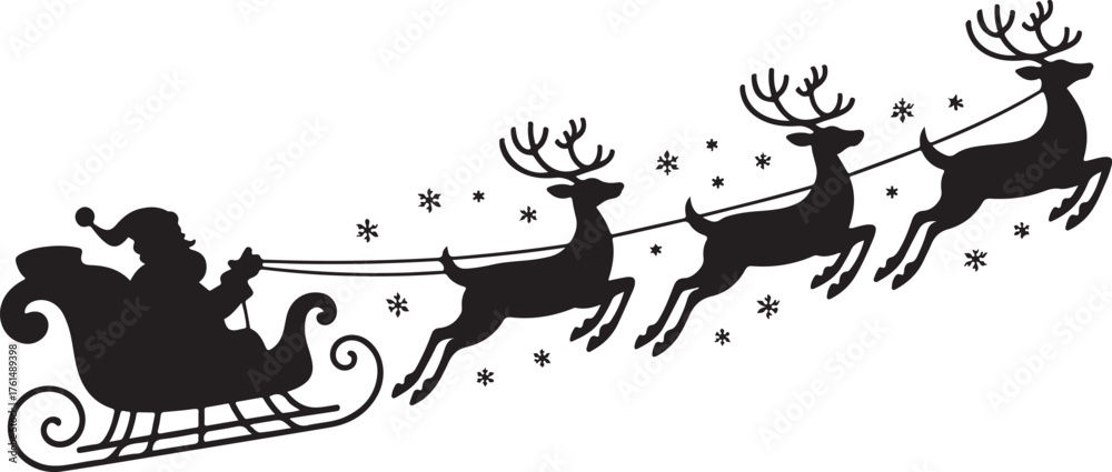 Santa in a sleigh with reindeers silhouette. Black vector silhouette ...
