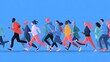 © irawan - Diverse group of people run together across a blue background.