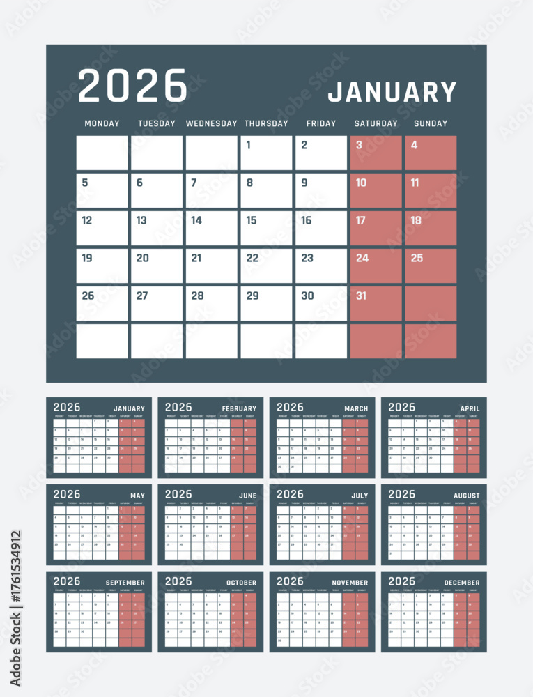 2026 year calendar, calendar design for 2026 starts monday 素材庫向量圖 ...