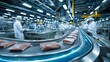 © tongpatong - An automated meat processing line at a contemporary food industry, sparkling stainless steel equipment, with employees wearing white coats and hairnets keeping an eye on things