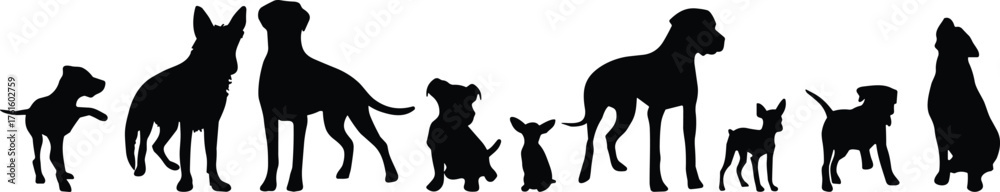Silhouettes of various dog breeds in different poses and sizes ...