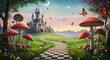 © MuhammadFarooq - Alice in Wonderland theme poster, a Checkered Path. Magical Animation Footage, Motion Graphics, Fantasy Landscape with Mushrooms, Castle, Butterflies, Background, wallpaper