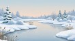© Nur - Peaceful Winter Scene with Frosty River, Snow-Dusted Forest, and Gentle Horizon Glow