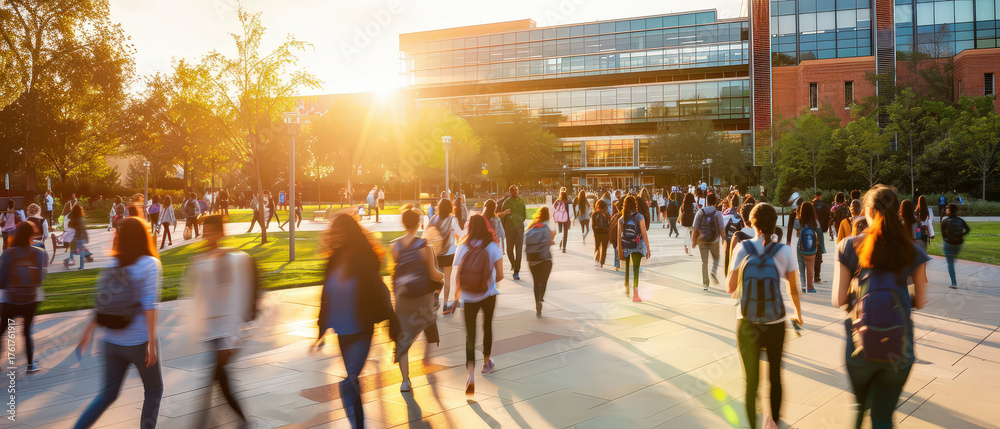 Photo Stock A large group of students walking across a modern ...