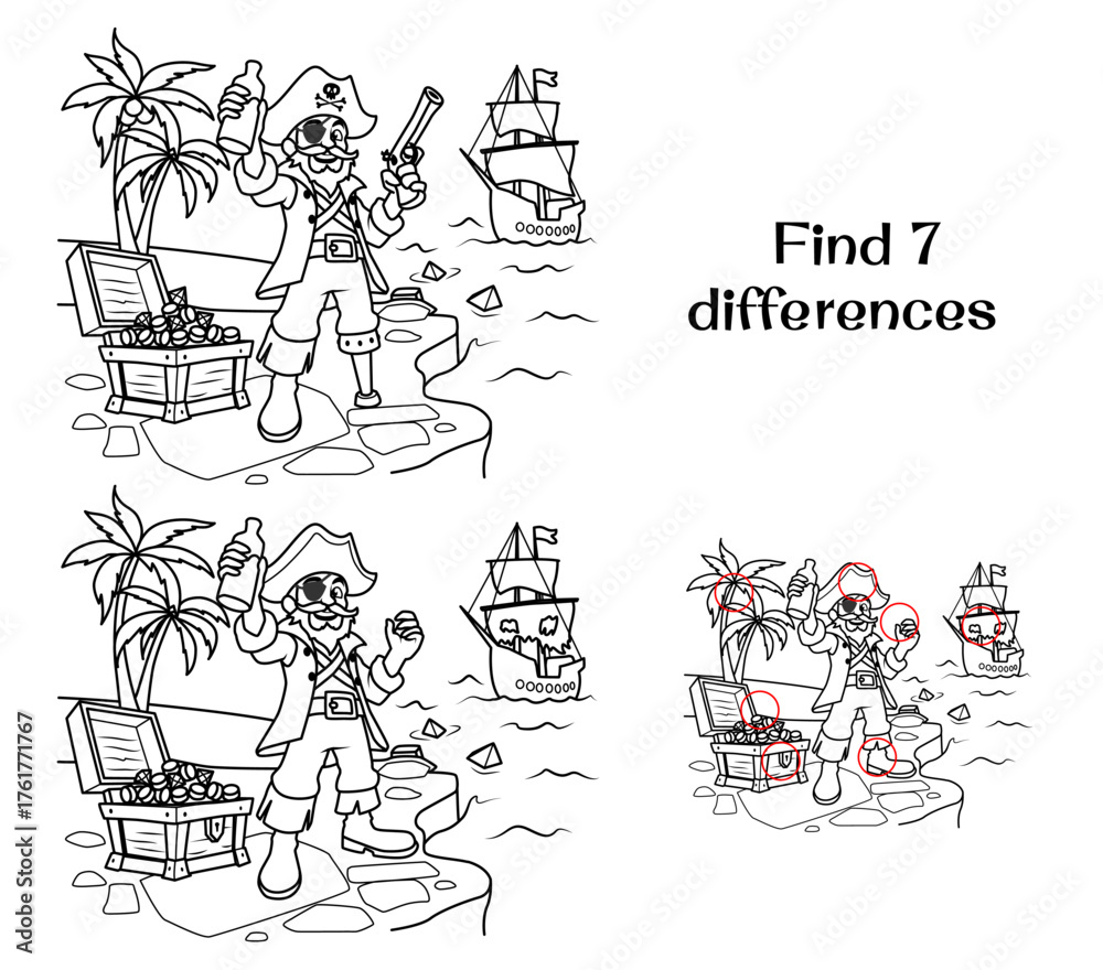 A pirate on an island, next to a chest of gold and a ship. Find 7 ...