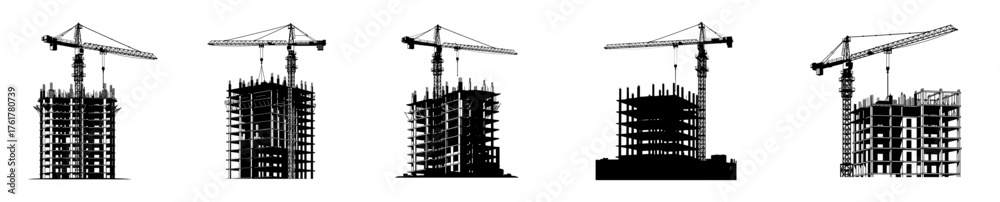 Five images of a construction site with a crane, showing the building ...
