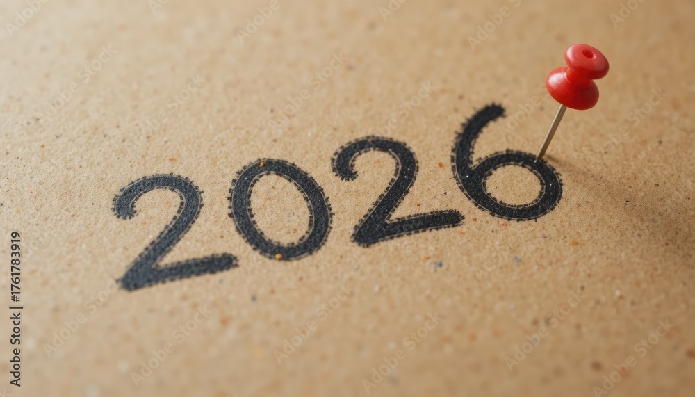 On brown paper, the year 2026 is marked with a red pin. Stock ...