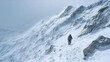 © Halina - Lonely climber ascending snowy mountain ridge in extreme winter blizzard with strong wind and fog