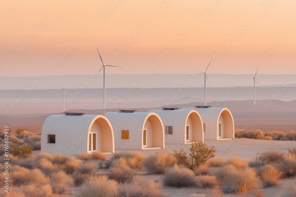 Group of identical off-grid tiny homes on dry open land, minimal desert ...
