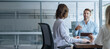 © Stock 4 You - Business meeting of busy entrepreneur people sitting at table, using tablet gadget, discussing financial trade strategy. Young manager worker man talking with bank client in office. Banner, copy space