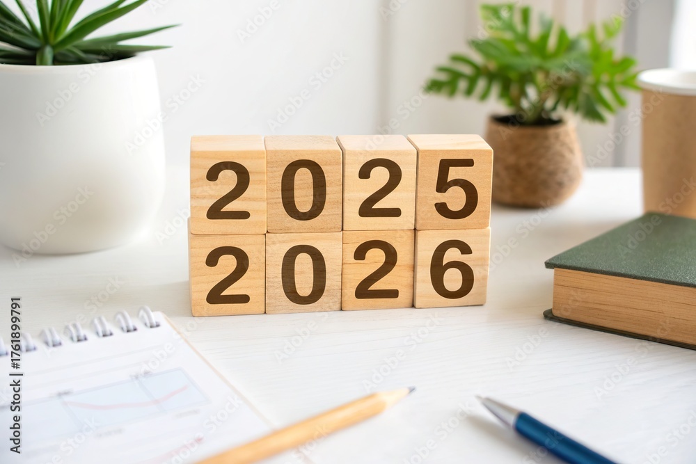 Wooden Cubes Displaying 2025 and 2026 on Clean Tabletop with Plants ...