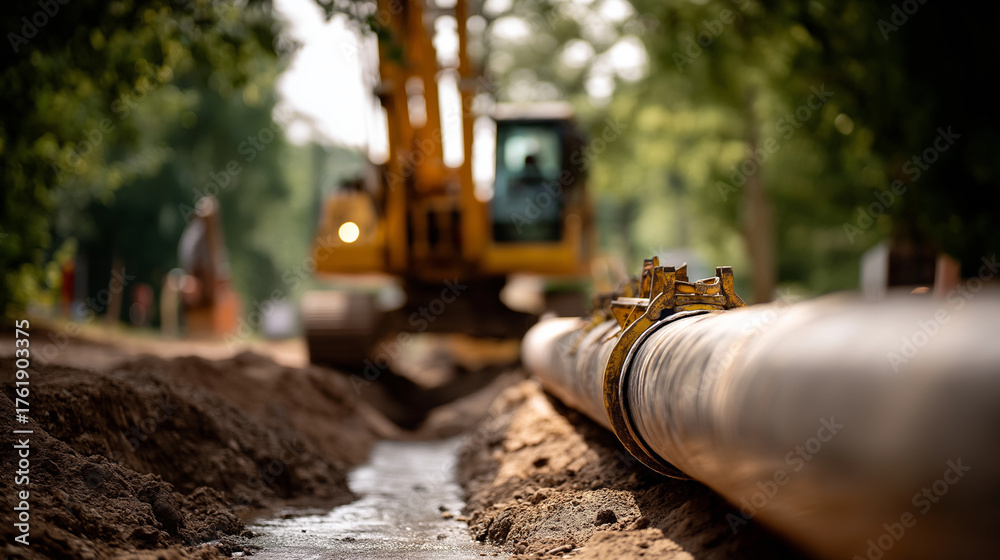 Completed pipeline section with backfill in progress construction phase ...