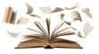 © SoniaSadik - Torn and scattered pages of an antique open book flying apart on a transparent background isolated on transparent background