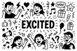 © FriskySloths - Excited emotion and joyful celebration doodle composition with enthusiastic expressions, Transparent Background