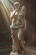 © Daria - A sculpture of a goddess with angelic wings, covered in graffiti, in a flirtatious pose, under rays of light shining through the rubble of a building.