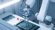 © HariBudi - Robotic Arm Assembling PCB. Automated Electronic Board Assembly Machine.