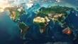 © Dur - An artistic, stylized world map showing continents and oceans. The image includes a high-angle, three-dimensional perspective with detailed topography