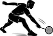 © Icon_Zone - Badminton player low shot silhouette vector showing athlete lunging forward in defensive pose during court match and competition.